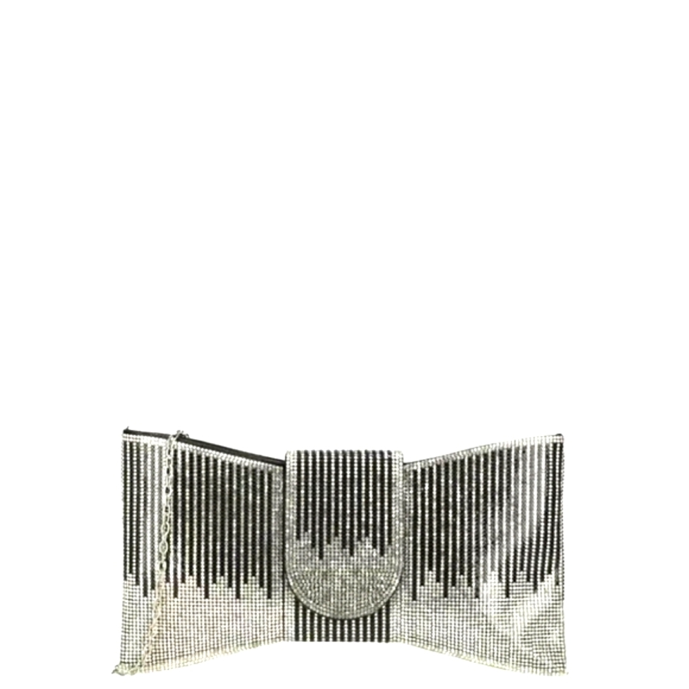 Pavé Silver & Black Women's Rhinestone Bowtie Shape Clutch Handbag Purse - Picture 3 of 13